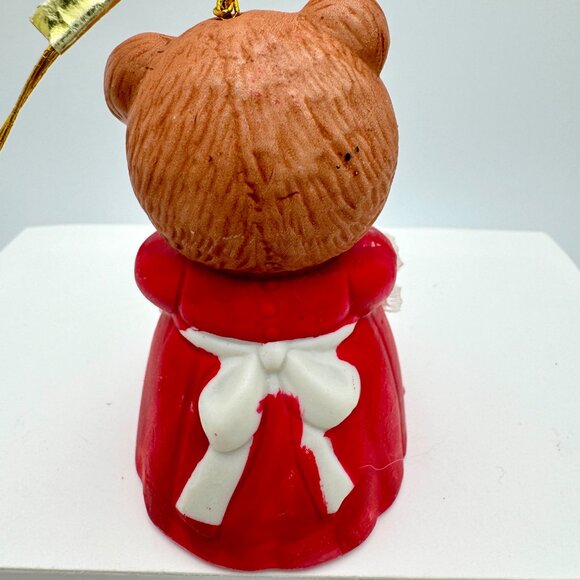 Jasco Vintage Christmas Bear Ornament Porcelain Bell 2.5" Taiwan Lace Apron Bow - Picture 3 of 6